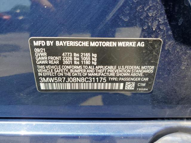 3MW5R7J08N8C31175 - 2022 BMW 330XI BLUE photo 12