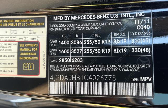 4JGDA5HB1CA026778 - 2012 MERCEDES-BENZ ML 350 4MATIC BLACK photo 10