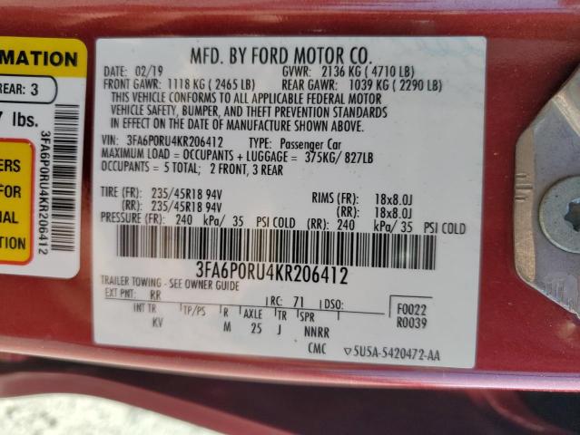 3FA6P0RU4KR206412 - 2019 FORD FUSION TITANIUM 勃艮第红 照片 12