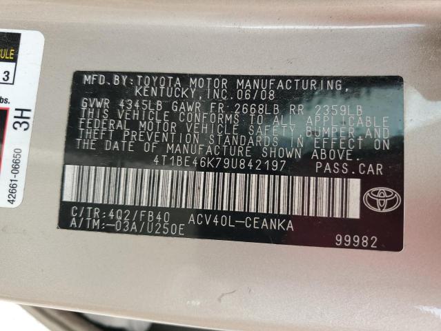 4T1BE46K79U842197 - 2009 TOYOTA CAMRY BASE GOLD photo 12