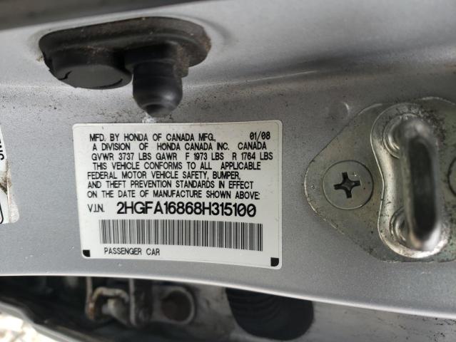 2HGFA16868H315100 - 2008 HONDA CIVIC EX SILVER photo 12