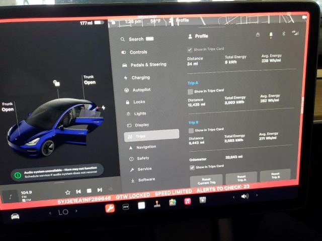 5YJ3E1EA1NF289646 - 2022 TESLA MODEL 3 BLUE photo 9