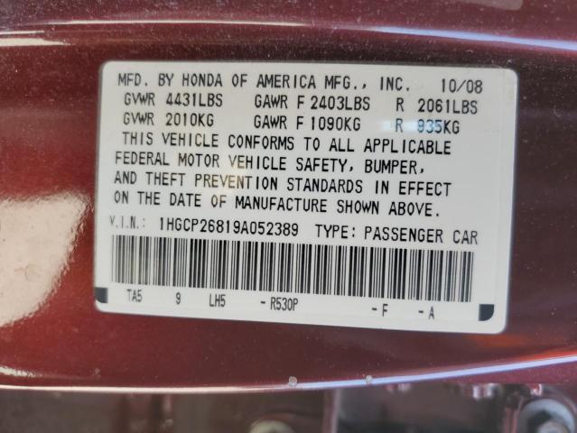 1HGCP26819A052389 - 2009 HONDA ACCORD EXL BURGUNDY photo 12