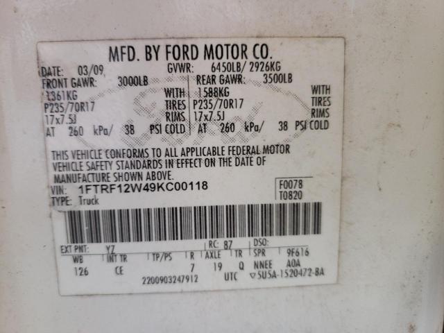 1FTRF12W49KC00118 - 2009 FORD F150 WHITE photo 13