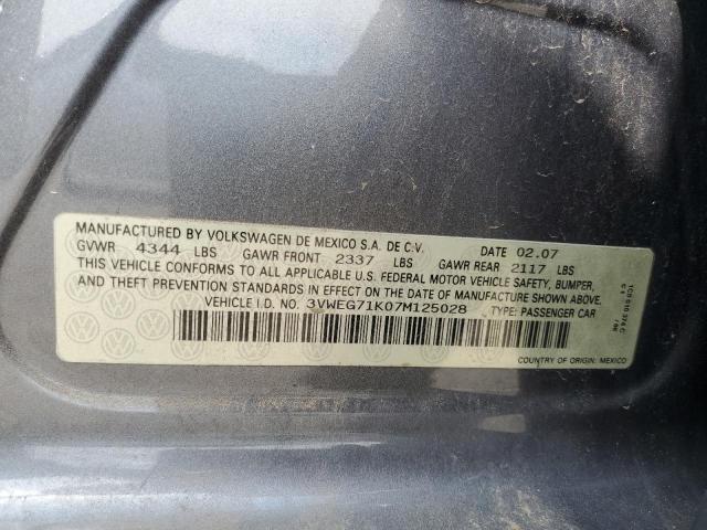 3VWEG71K07M125028 - 2007 VOLKSWAGEN JETTA WOLFSBURG 灰色 照片 12