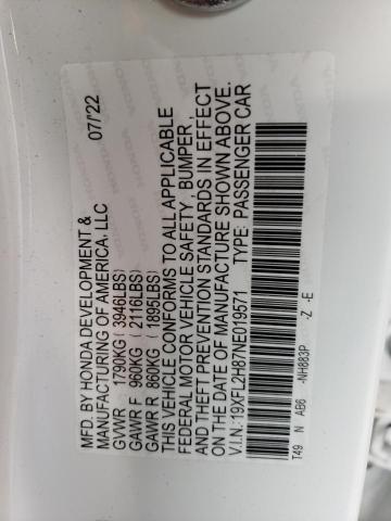 19XFL2H87NE019571 - 2022 HONDA CIVIC SPORT 白色 照片 12