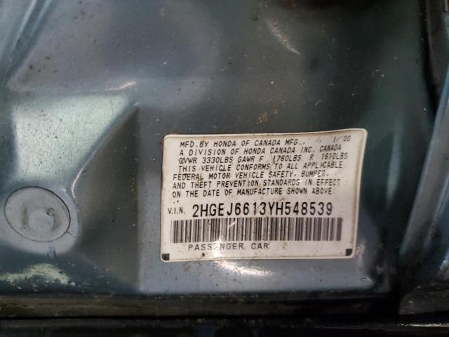 2HGEJ6613YH548539 - 2000 HONDA CIVIC BASE GREEN photo 12