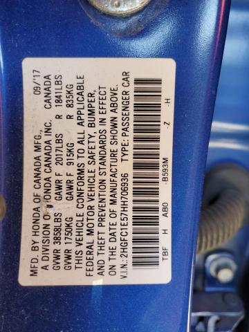 2HGFC1E57HH706936 - 2017 HONDA CIVIC SI BLUE photo 12