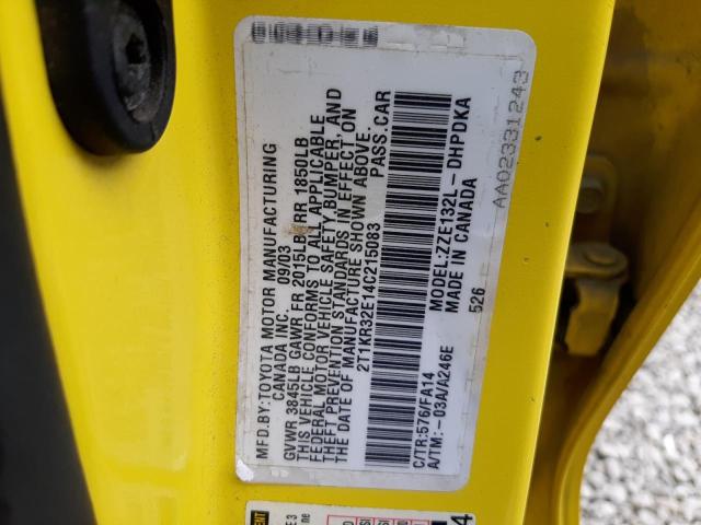 2T1KR32E14C215083 - 2004 TOYOTA COROLLA MA XR YELLOW photo 12