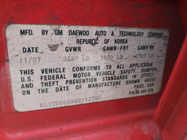 KL1TD666X8B142797 - 2008 CHEVROLET AVEO BASE RED photo 12