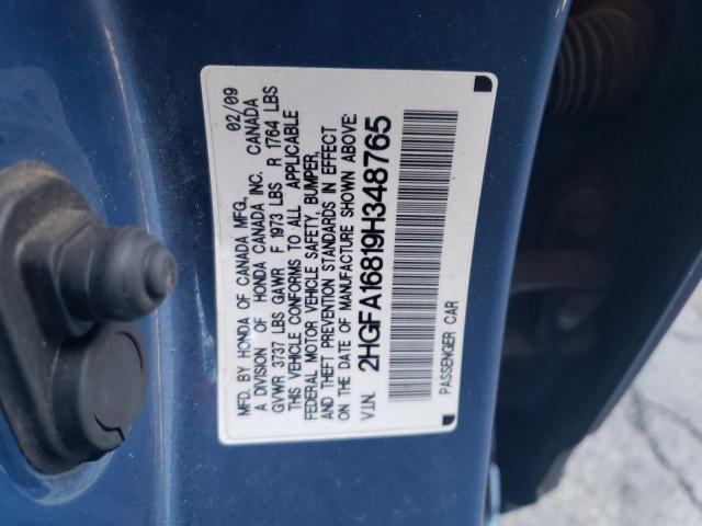 2HGFA16819H348765 - 2009 HONDA CIVIC EX BLUE photo 12