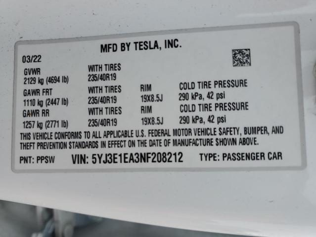 5YJ3E1EA3NF208212 - 2022 TESLA MODEL 3 WHITE photo 12