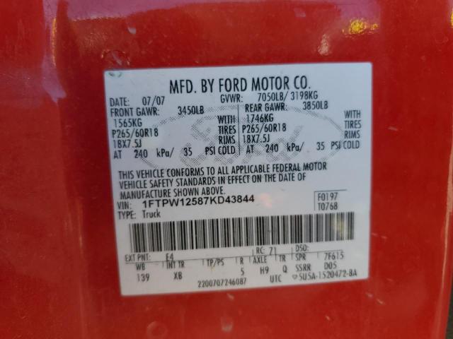 1FTPW12587KD43844 - 2007 FORD F150 SUPERCREW RED photo 12