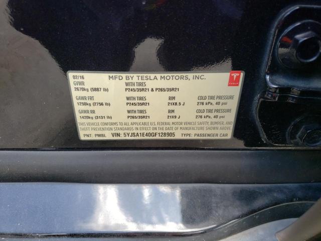 5YJSA1E40GF128905 - 2016 TESLA MODEL S შავი ფოტო 10