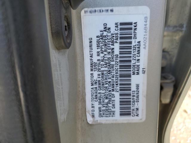 2T1KR32E93C122150 - 2003 TOYOTA COROLLA MA XR SILVER photo 12