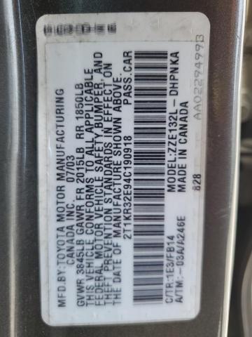 2T1KR32E94C190918 - 2004 TOYOTA COROLLA MA XR GRAY photo 12