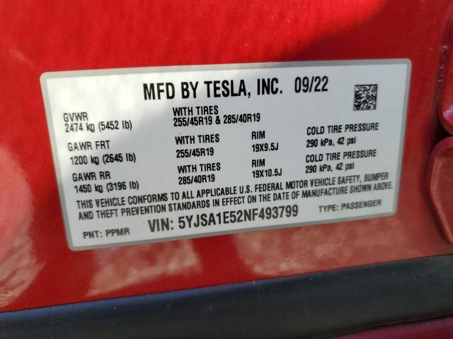 5YJSA1E52NF493799 - 2022 TESLA MODEL S RED photo 13