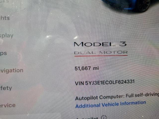 5YJ3E1EC0LF624331 - 2020 TESLA MODEL 3 WHITE photo 9