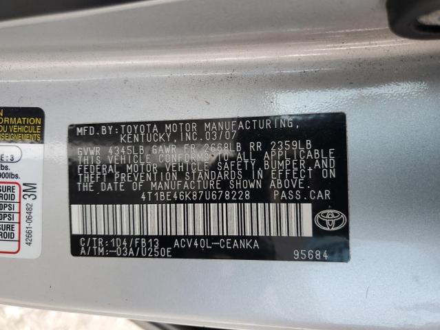 4T1BE46K87U678228 - 2007 TOYOTA CAMRY CE SILVER photo 12