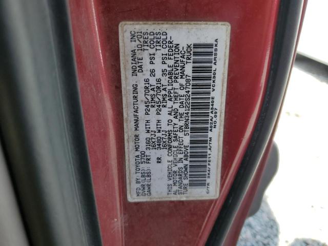 5TBRN34122S247087 - 2002 TOYOTA TUNDRA ACCESS CAB SR5 MAROON photo 12