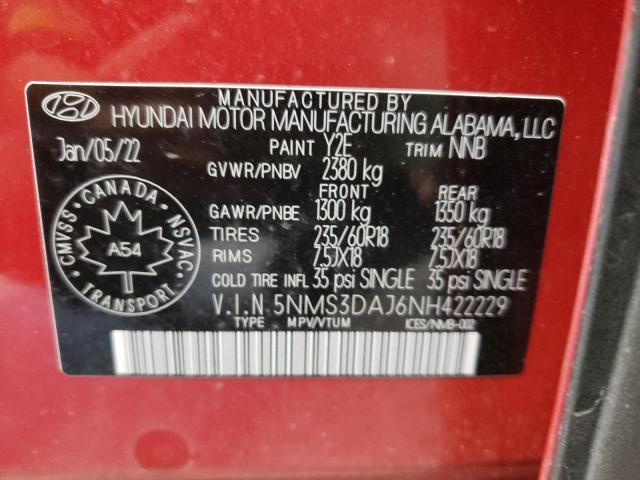5NMS3DAJ6NH422229 - 2022 HYUNDAI SANTA FE SEL Կարմիր լուսանկար 10