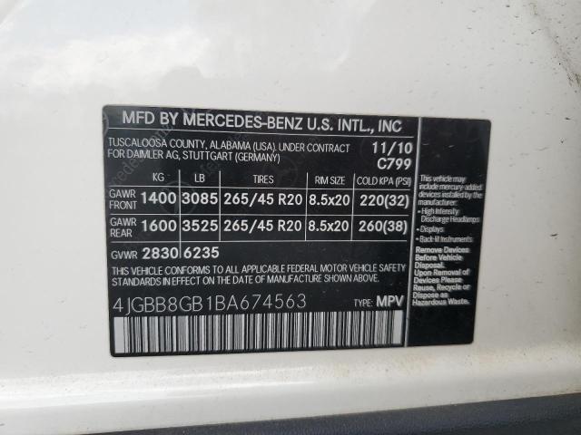 4JGBB8GB1BA674563 - 2011 MERCEDES-BENZ ML 350 4MATIC WHITE photo 12