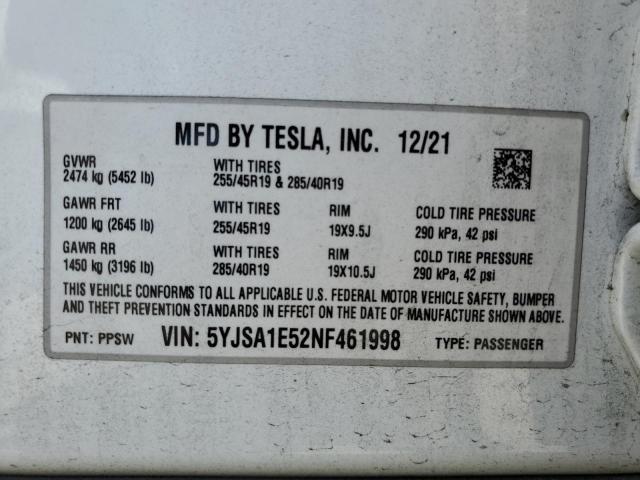 5YJSA1E52NF461998 - 2022 TESLA MODEL S WHITE photo 12