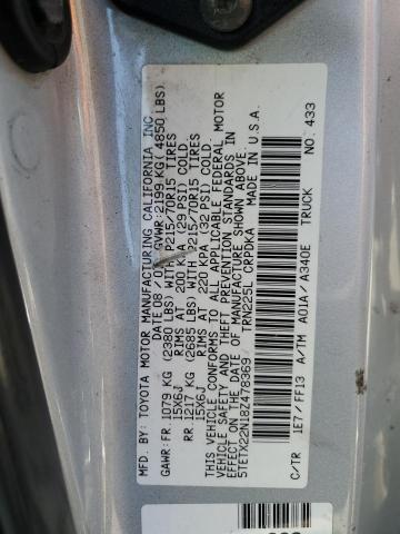 5TETX22N18Z478369 - 2008 TOYOTA TACOMA ACCESS CAB ვერცხლისფერი ფოტო 12