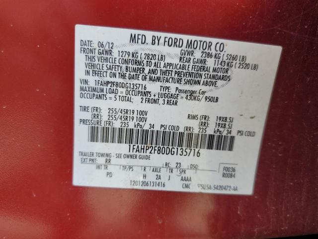 1FAHP2F80DG135716 - 2013 FORD TAURUS LIMITED RED photo 12