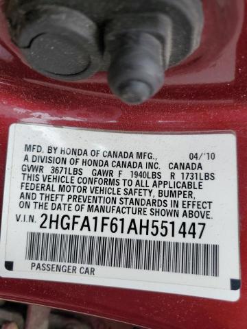 2HGFA1F61AH551447 - 2010 HONDA CIVIC LX-S BURGUNDY photo 13