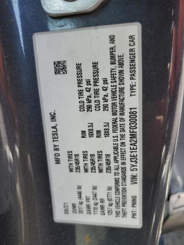 5YJ3E1EA2MF030081 - 2021 TESLA MODEL 3 灰色 照片 13