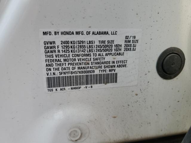5FNYF8H57KB008939 - 2019 HONDA PASSPORT EXL 白色 照片 10