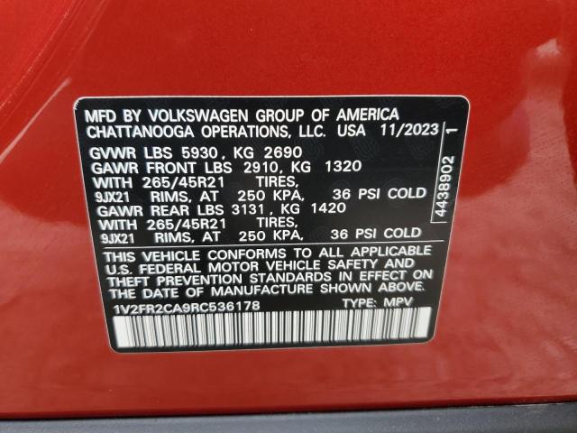 1V2FR2CA9RC536178 - 2024 VOLKSWAGEN ATLAS SEL PREMIUM R-LINE RED photo 13