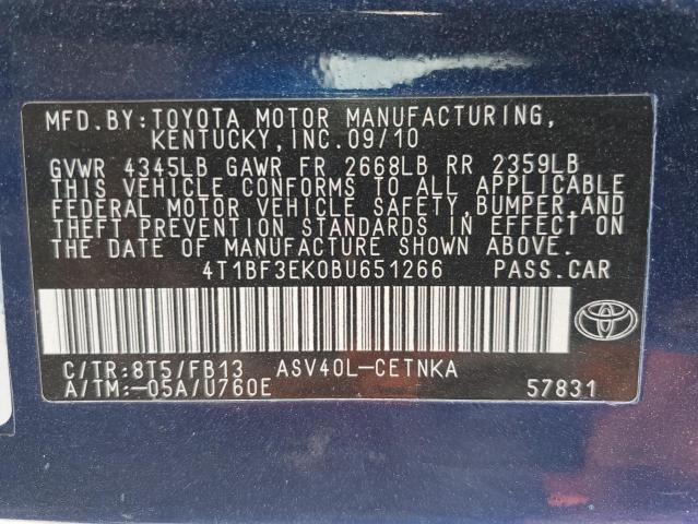 4T1BF3EK0BU651266 - 2011 TOYOTA CAMRY BASE BLUE photo 12