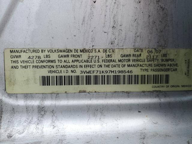 3VWEF71K97M198546 - 2007 VOLKSWAGEN JETTA WOLFSBURG 银色 照片 12