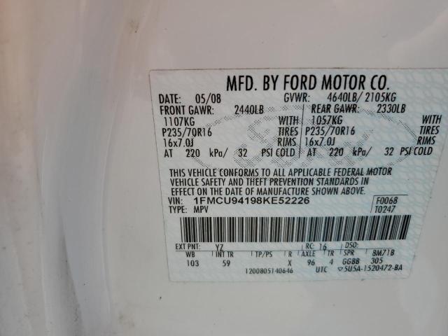 1FMCU94198KE52226 - 2008 FORD ESCAPE LIMITED WHITE photo 13