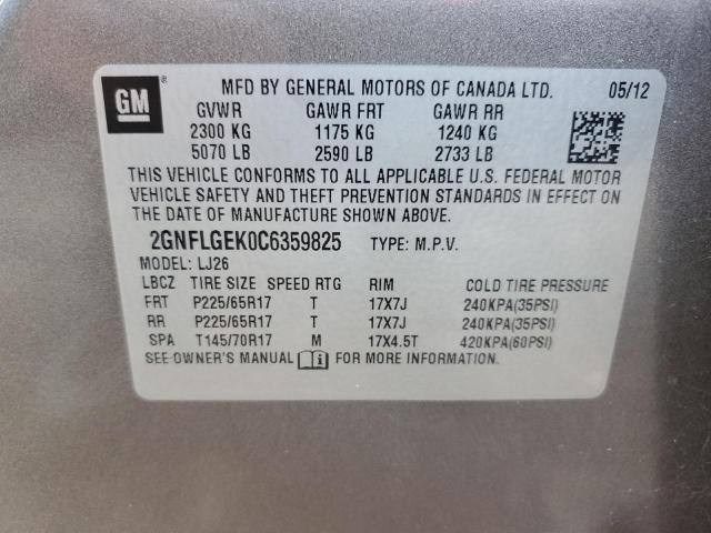 2GNFLGEK0C6359825 - 2012 CHEVROLET EQUINOX LTZ GRAY photo 12