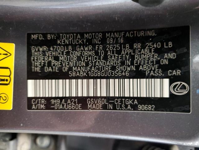 58ABK1GG8GU035646 - 2016 LEXUS ES 350 GRAY photo 12