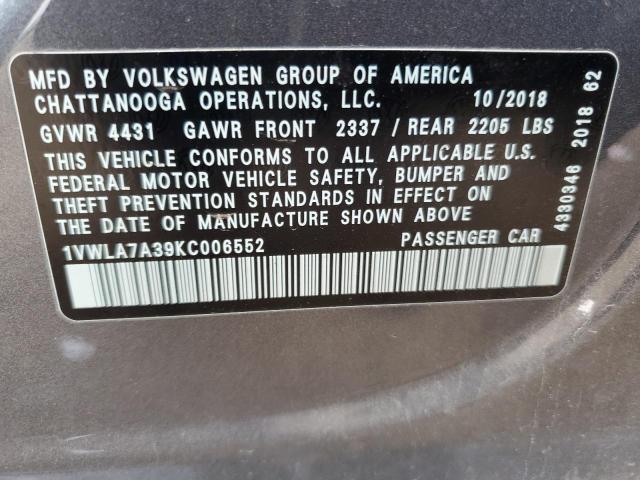 1VWLA7A39KC006552 - 2019 VOLKSWAGEN PASSAT WOLFSBURG GRAY photo 12