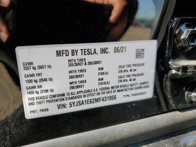 5YJSA1E62MF431956 - 2021 TESLA MODEL S Սև լուսանկար 12