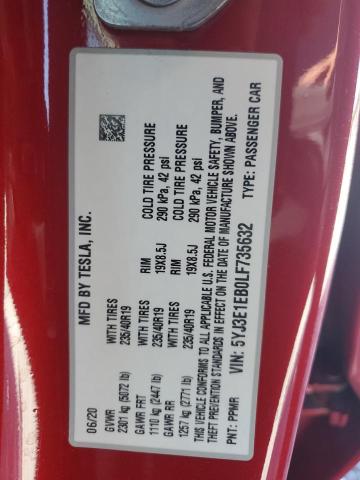 5YJ3E1EB0LF735632 - 2020 TESLA MODEL 3 Rojo foto 12