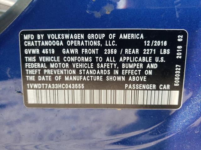 1VWDT7A33HC043555 - 2017 VOLKSWAGEN PASSAT R-LINE Mavi foto 13