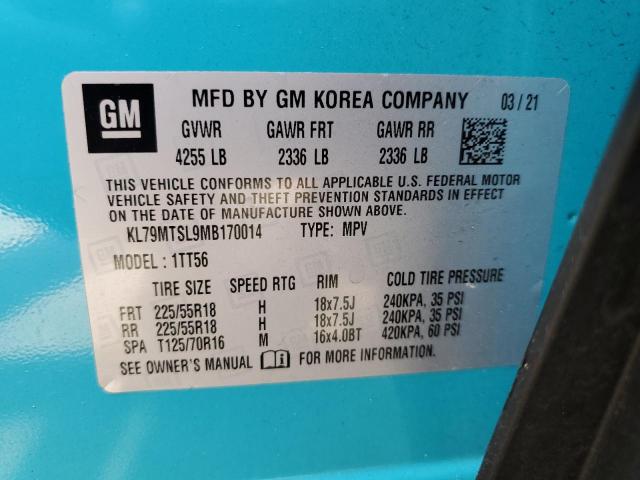 KL79MTSL9MB170014 - 2021 CHEVROLET TRAILBLAZE RS BLUE photo 14