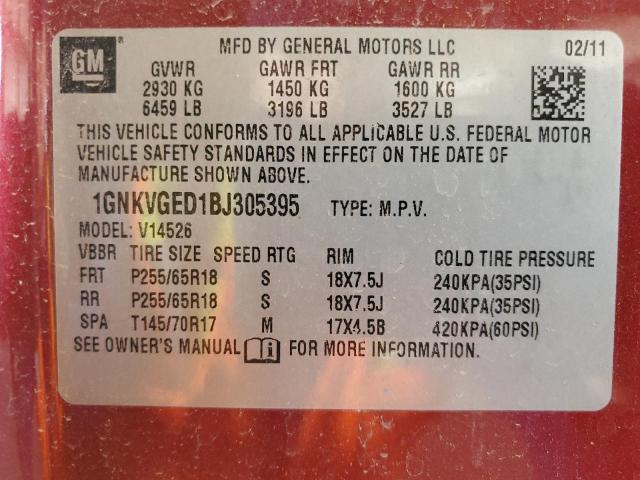 1GNKVGED1BJ305395 - 2011 CHEVROLET TRAVERSE LT 红色 照片 13