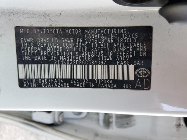 2T1KR32E86C581397 - 2006 TOYOTA COROLLA MA XR WHITE photo 12