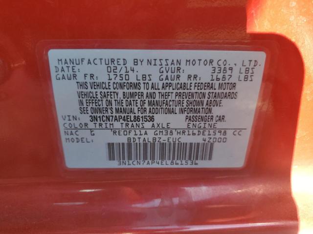 3N1CN7AP4EL861536 - 2014 NISSAN VERSA S RED photo 12