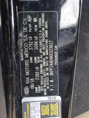 3KPF24AD4KE023627 - 2019 KIA FORTE FE შავი ფოტო 12