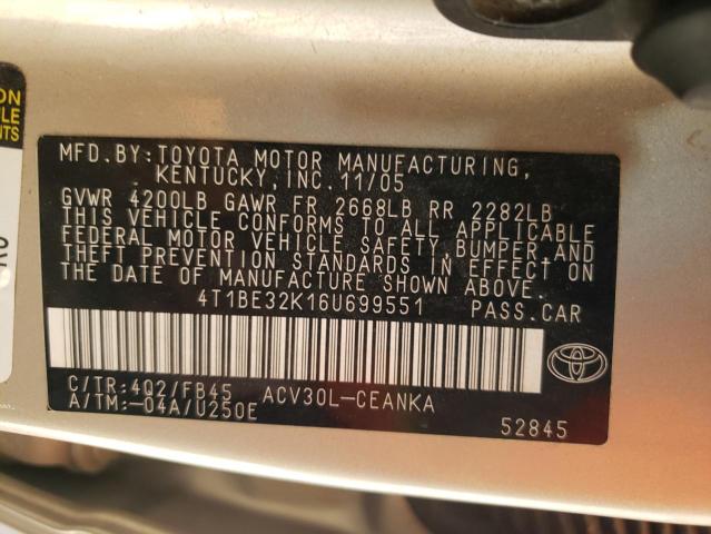 4T1BE32K16U699551 - 2006 TOYOTA CAMRY LE TAN photo 12