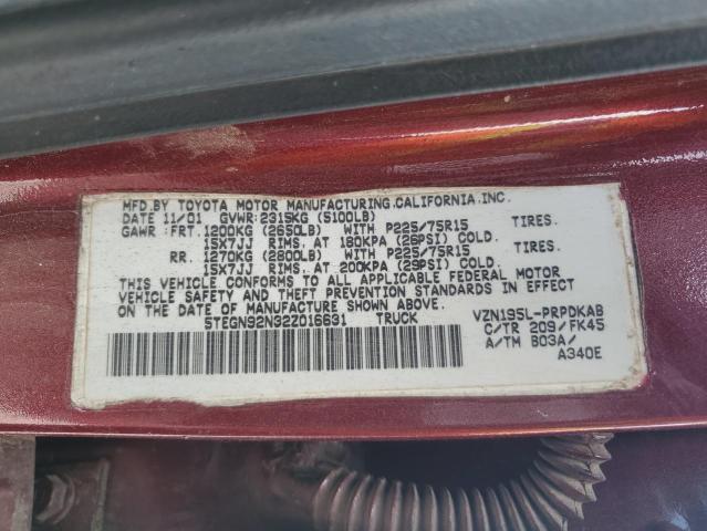 5TEGN92N32Z016631 - 2002 TOYOTA TACOMA DOUBLE CAB PRERUNNER BURGUNDY photo 12