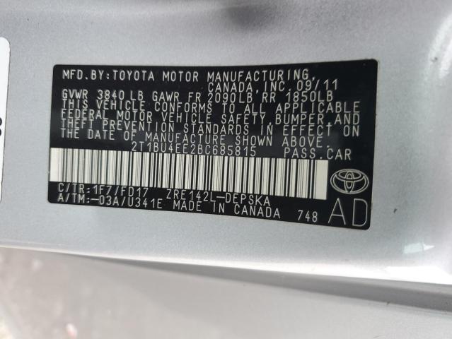 2T1BU4EE2BC685815 - 2011 TOYOTA COROLLA BASE SILVER photo 12